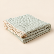 Lace Trim Bamboo Cotton Muslin Baby Blanket — Light Grey