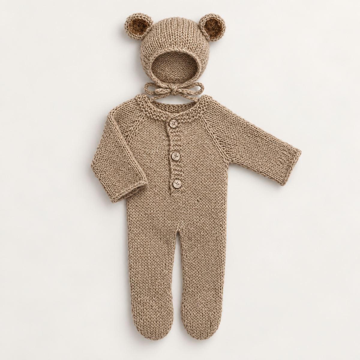 Newborn Bear Bonnet and Knitted Romper Photo Set — khaki / 0-1 month