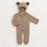 Newborn Bear Bonnet and Knitted Romper Photo Set — khaki / 0-1 month