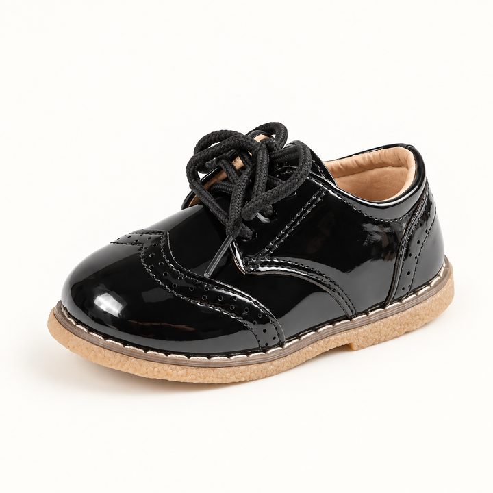 Kids Glossy Black Lace-Up Brogue Dress Shoes — black / 28