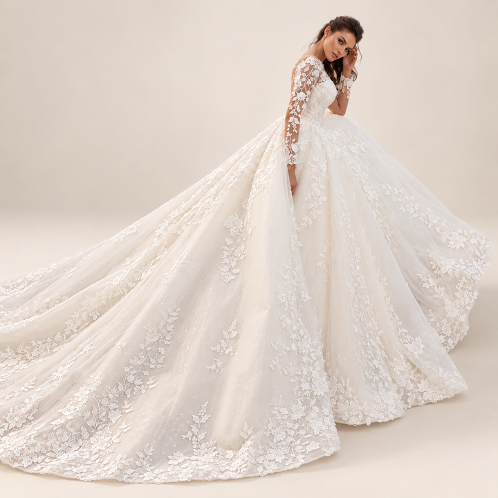 Ivory Long-Sleeve Lace A-Line Wedding Gown — Ivory / Floor Length / 14 W