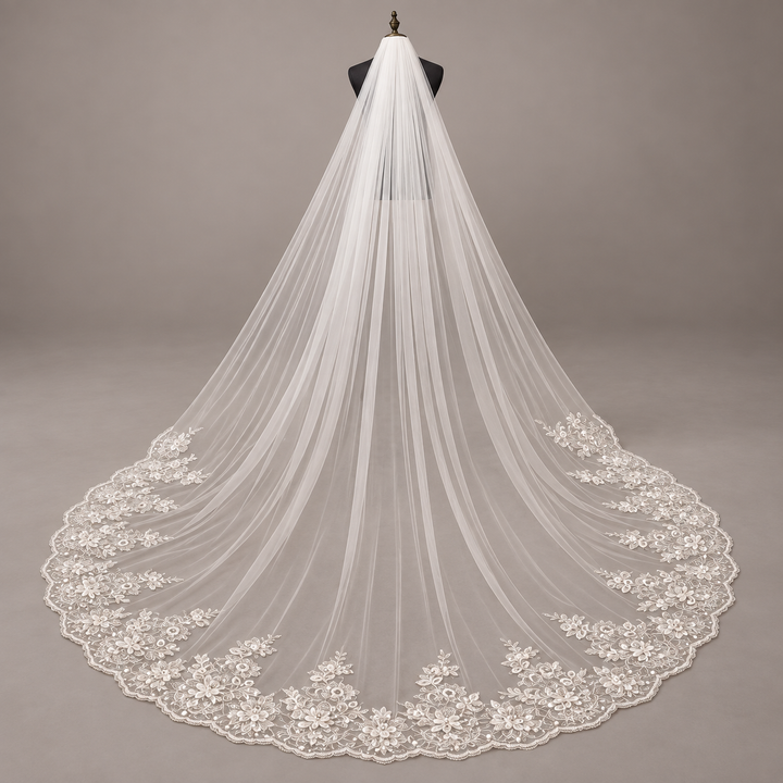 Cathedral wedding veil with sheer tulle and scalloped floral lace border