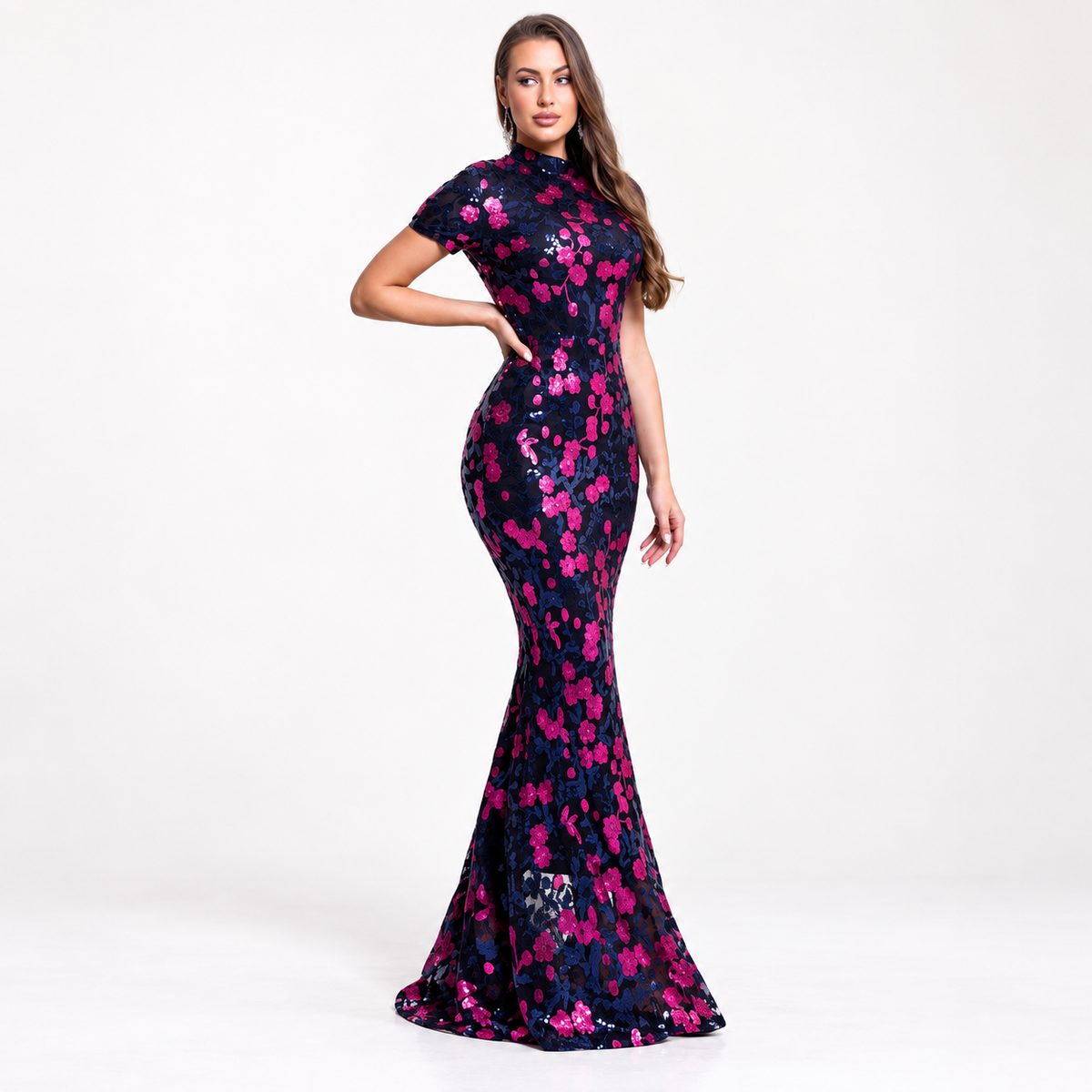 Floral Sequin Short-Sleeve Fitted Evening Gown — Pink / 6