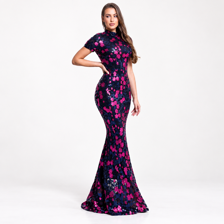 Floral Sequin Short-Sleeve Fitted Evening Gown — Pink / 6