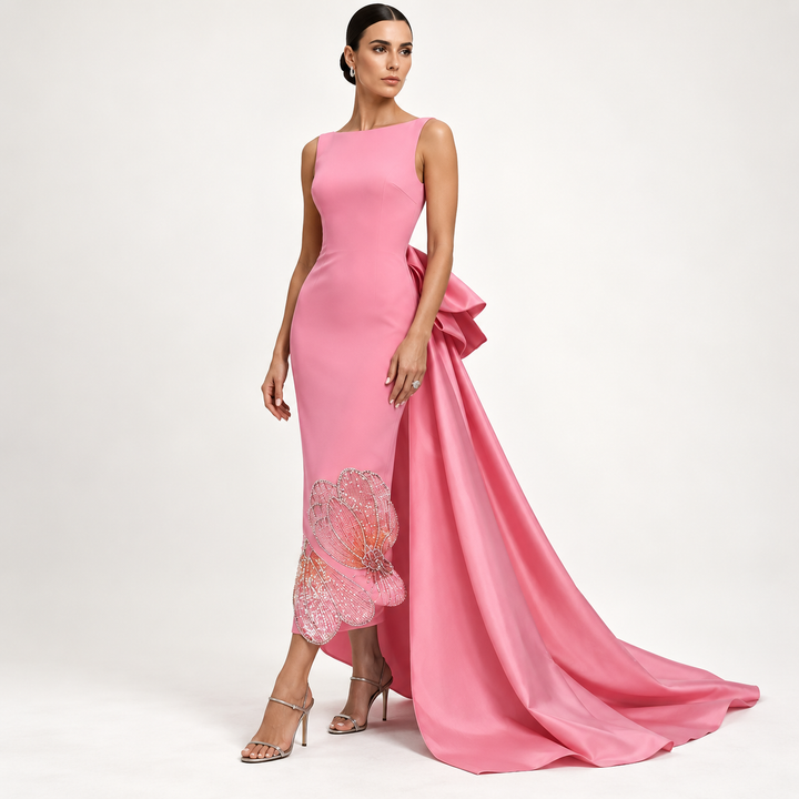 Pink style reference showing beaded floral hem and bow train; Champagne and White options not pictured