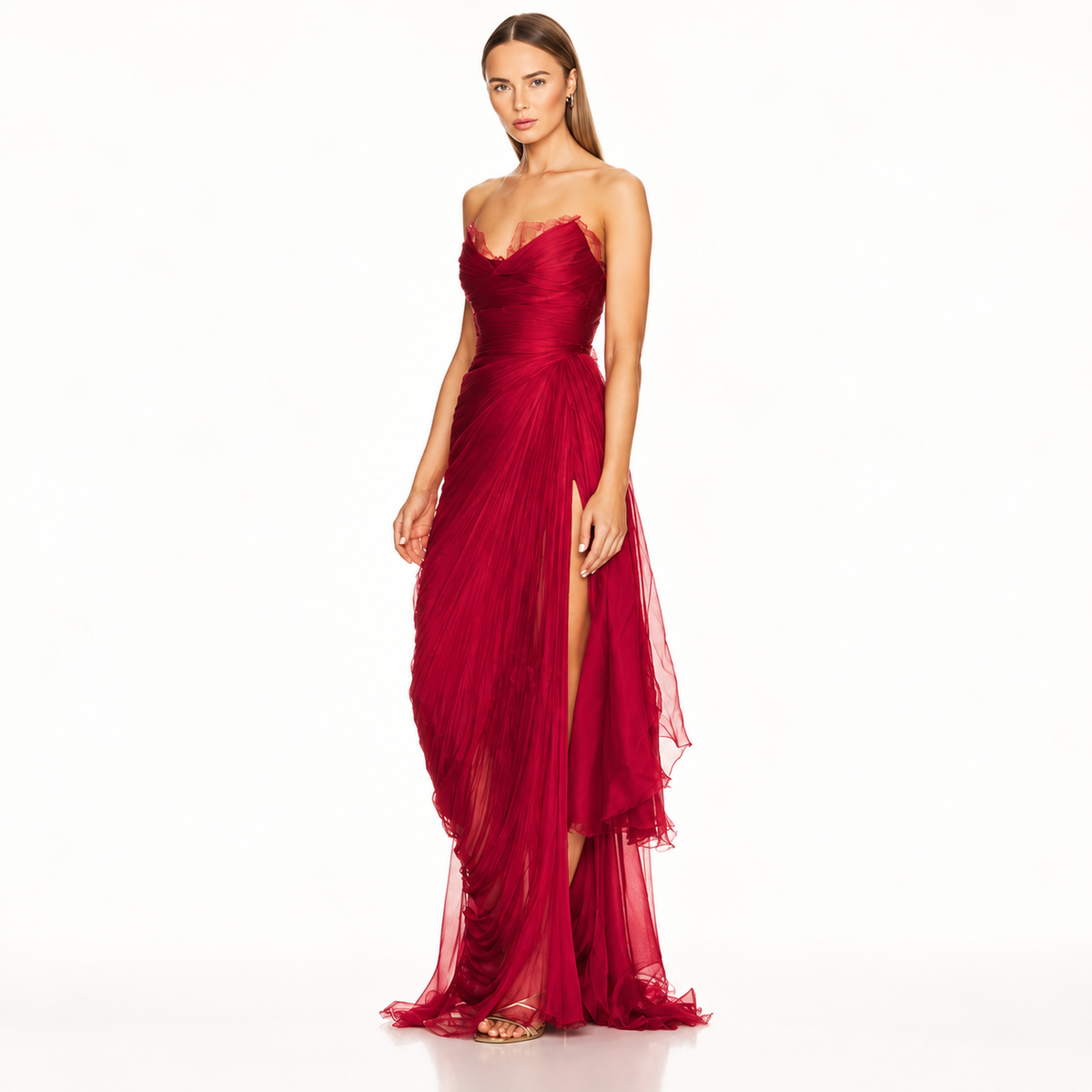 Burgundy pleated strapless gown with lace neckline and side slit; Yellow option not pictured