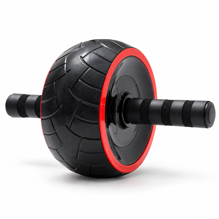 Wide black ab roller with red trim and side grip handles