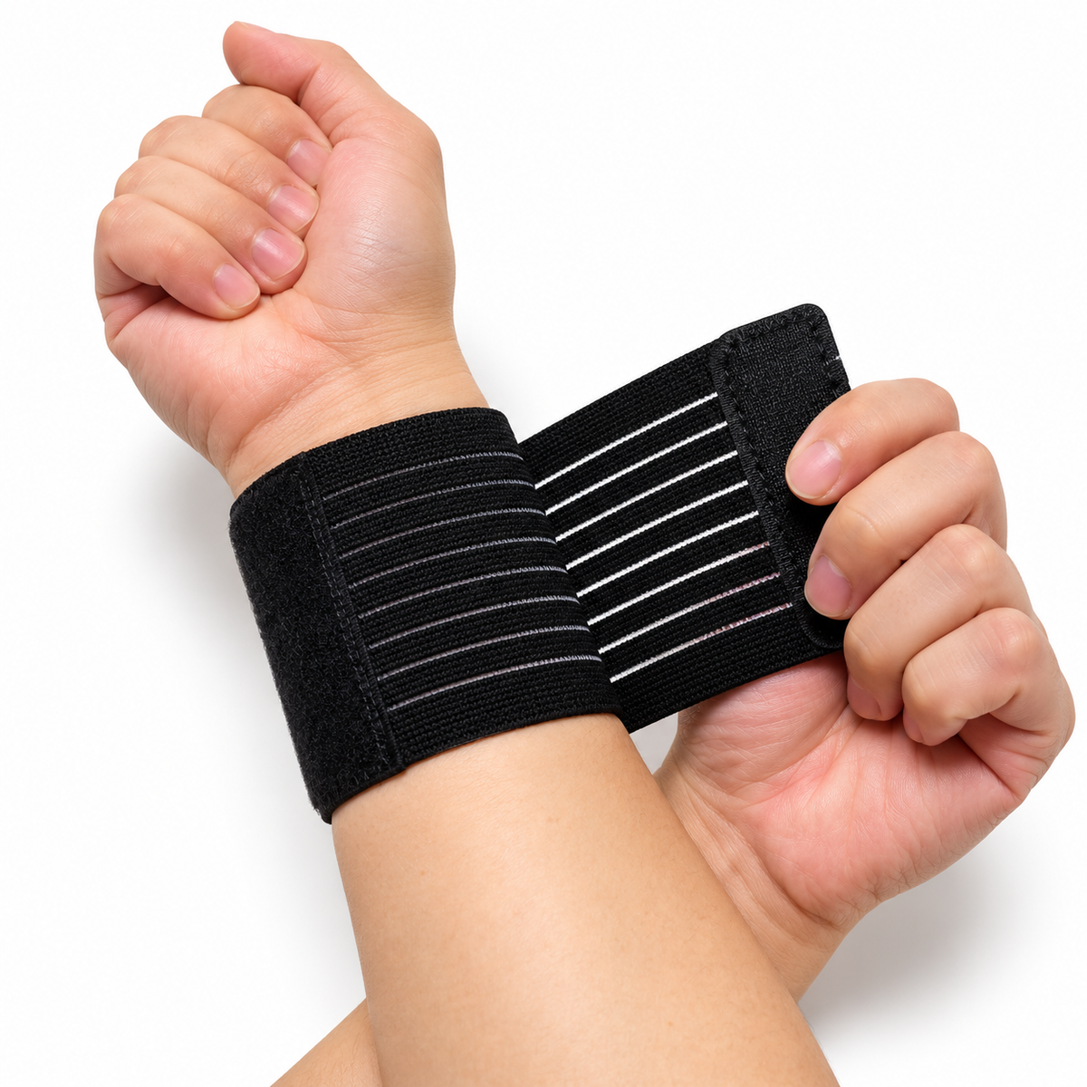 Black striped elastic wrist wrap shown fitted on a wrist