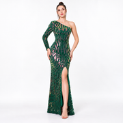 Sequin One-Shoulder Evening Gown – green