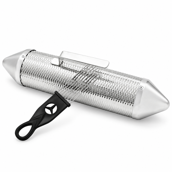 Silver metal guiro with scraper