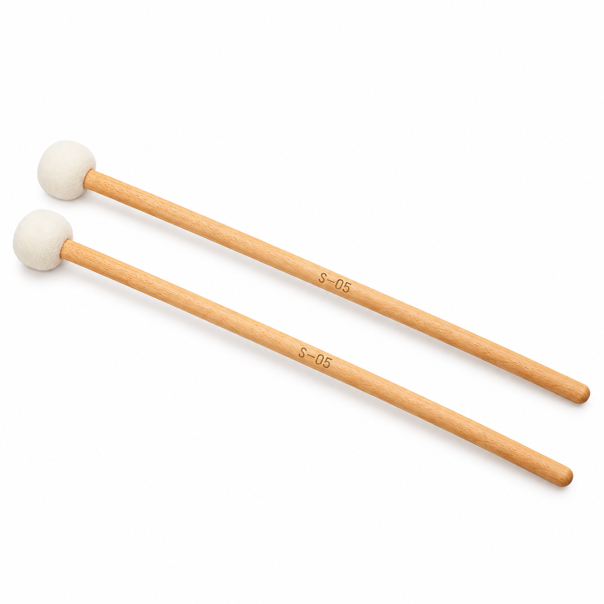Pair of felt drum mallets with wooden handles