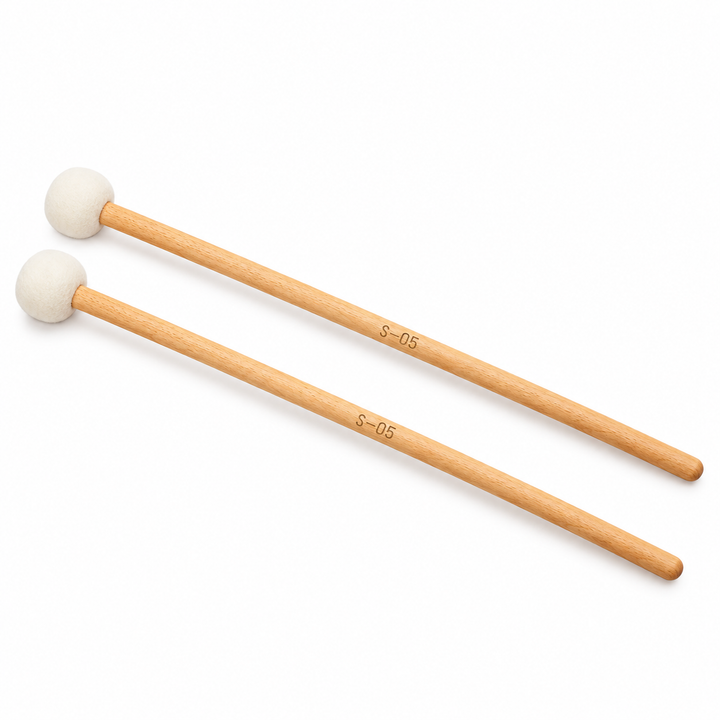 Pair of felt drum mallets with wooden handles