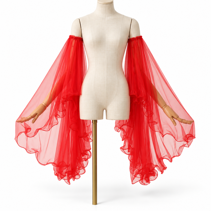 Red detachable sheer flare sleeves, pair