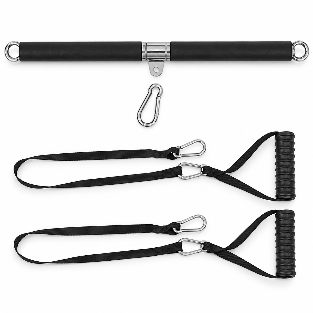 Cable attachment bar with two strap handles and clips
