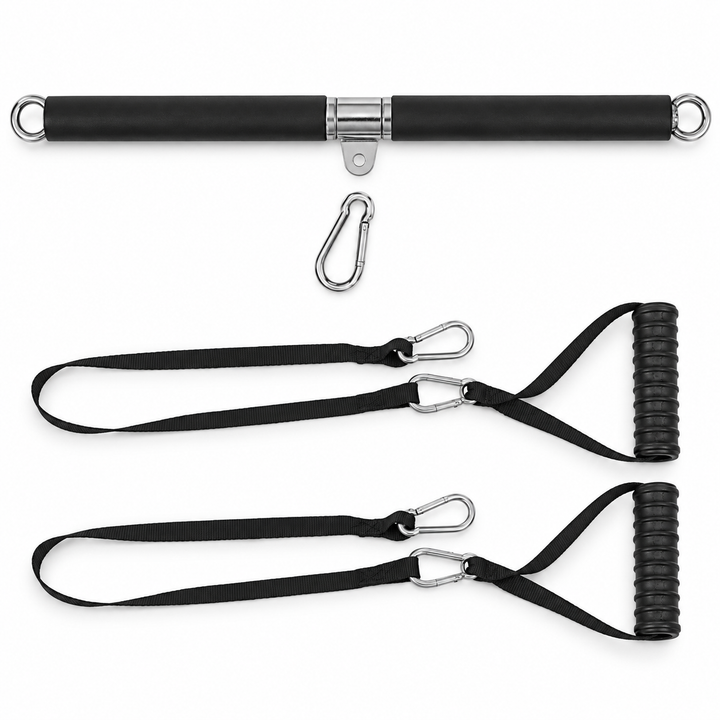 Cable attachment bar with two strap handles and clips