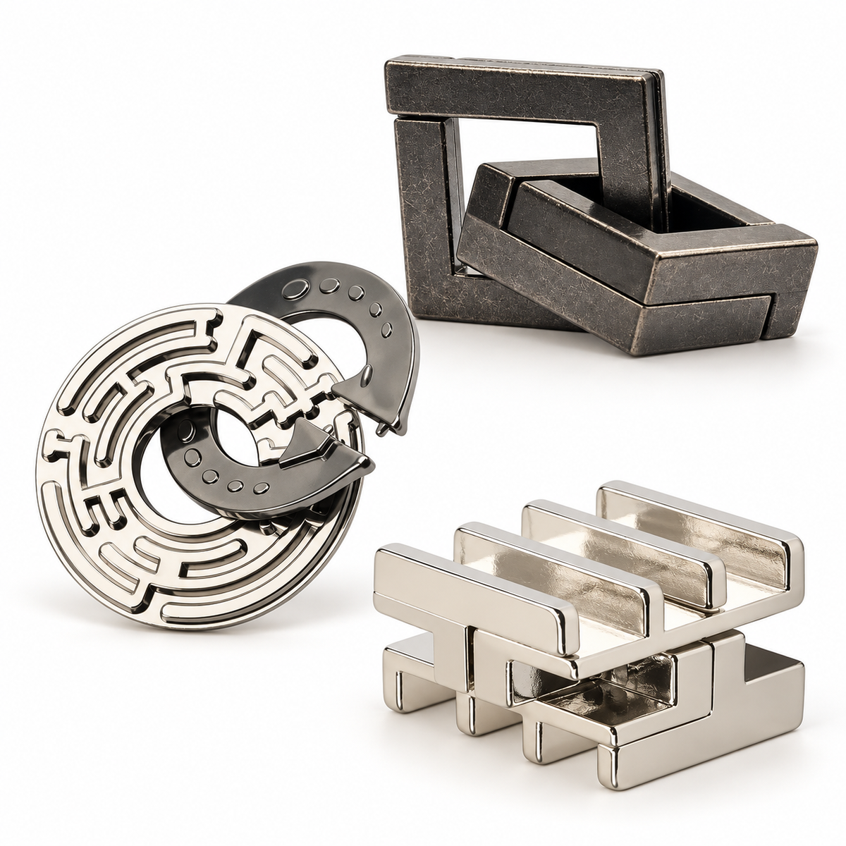 3-Pack Metal Brain Teasers, Selected Puzzle Sets — MiGong Ban Huan