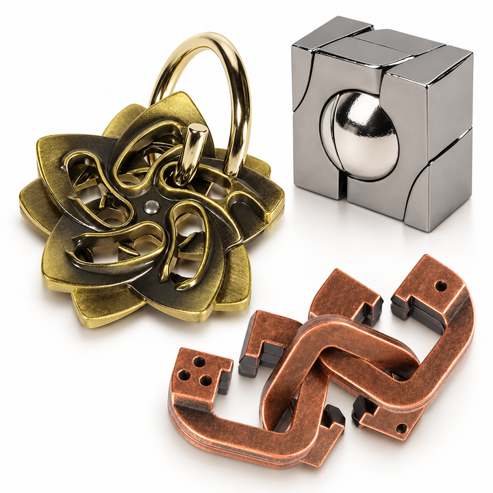 Three-piece metal puzzle set: flower ring, cube and bronze-tone interlock