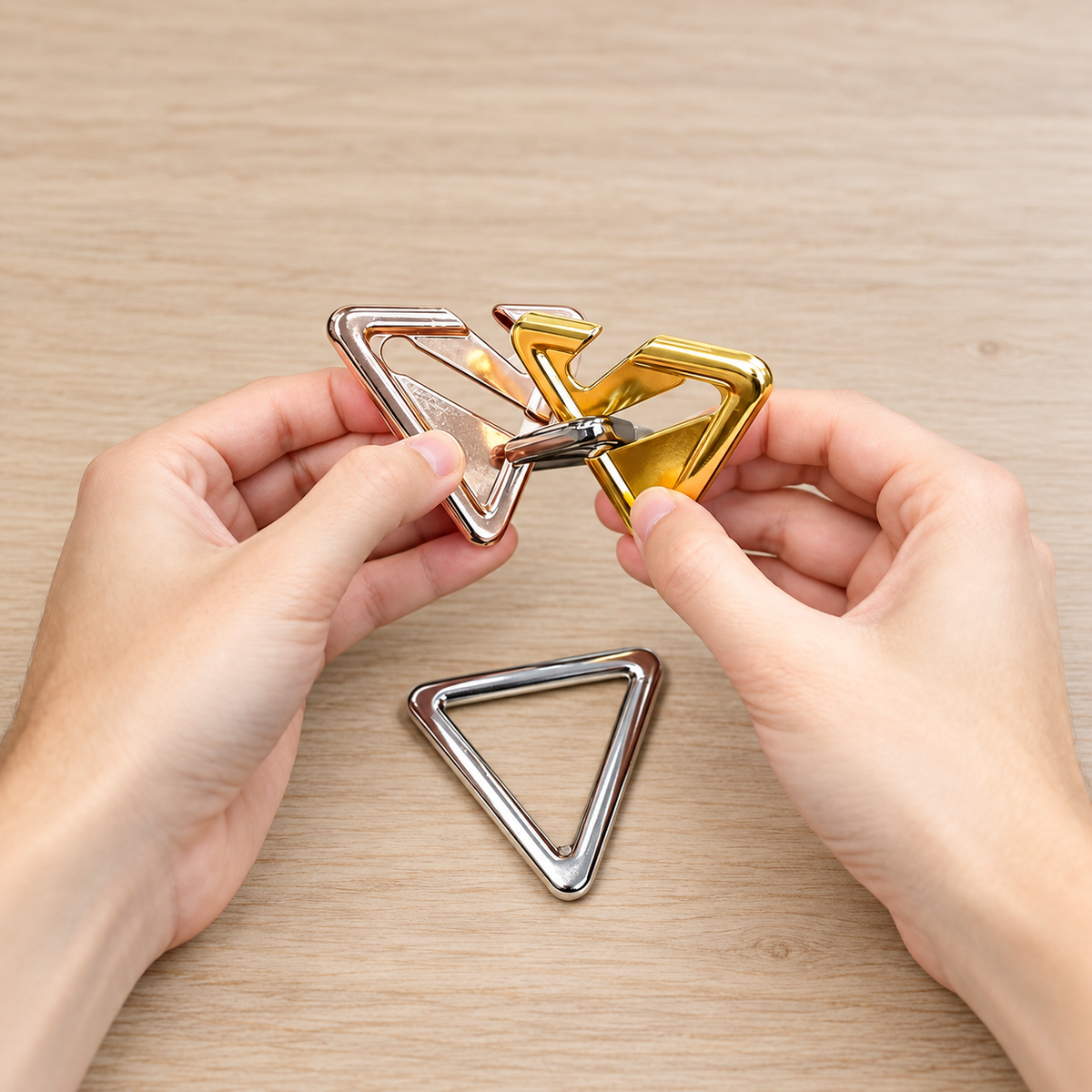 Triangular Interlocking Metal Puzzle held in hands