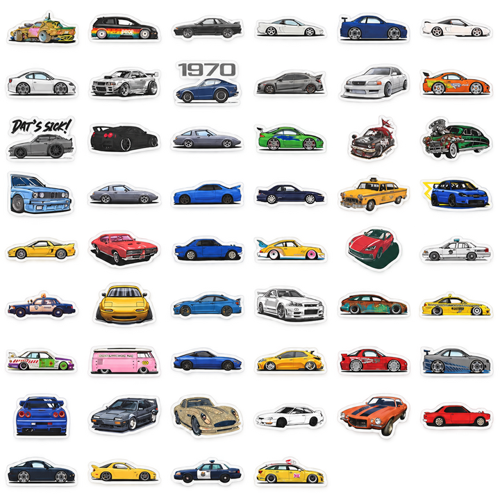 Illustrated racing car sticker design assortment