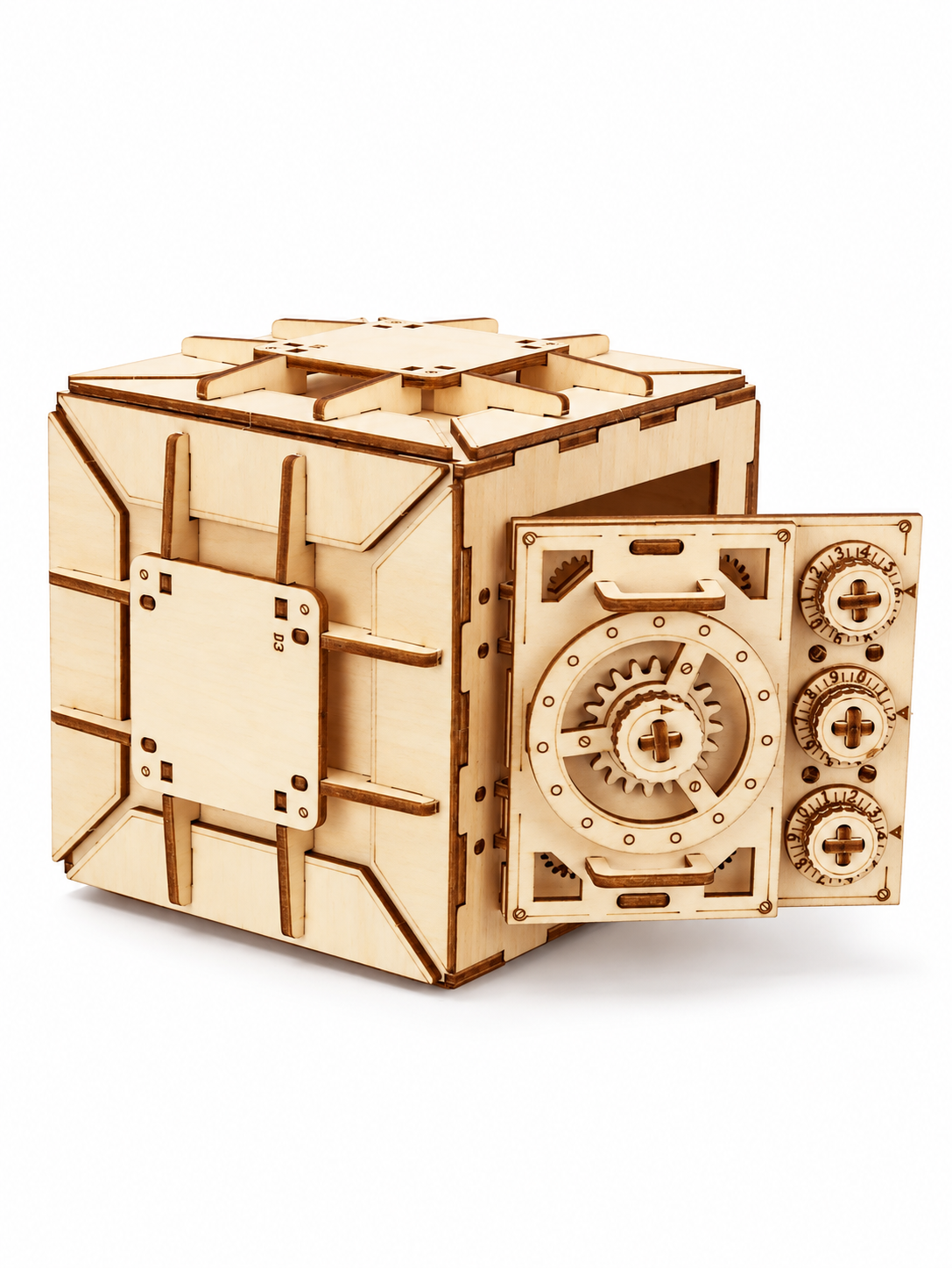 Wooden mechanical puzzle box, assembled open view