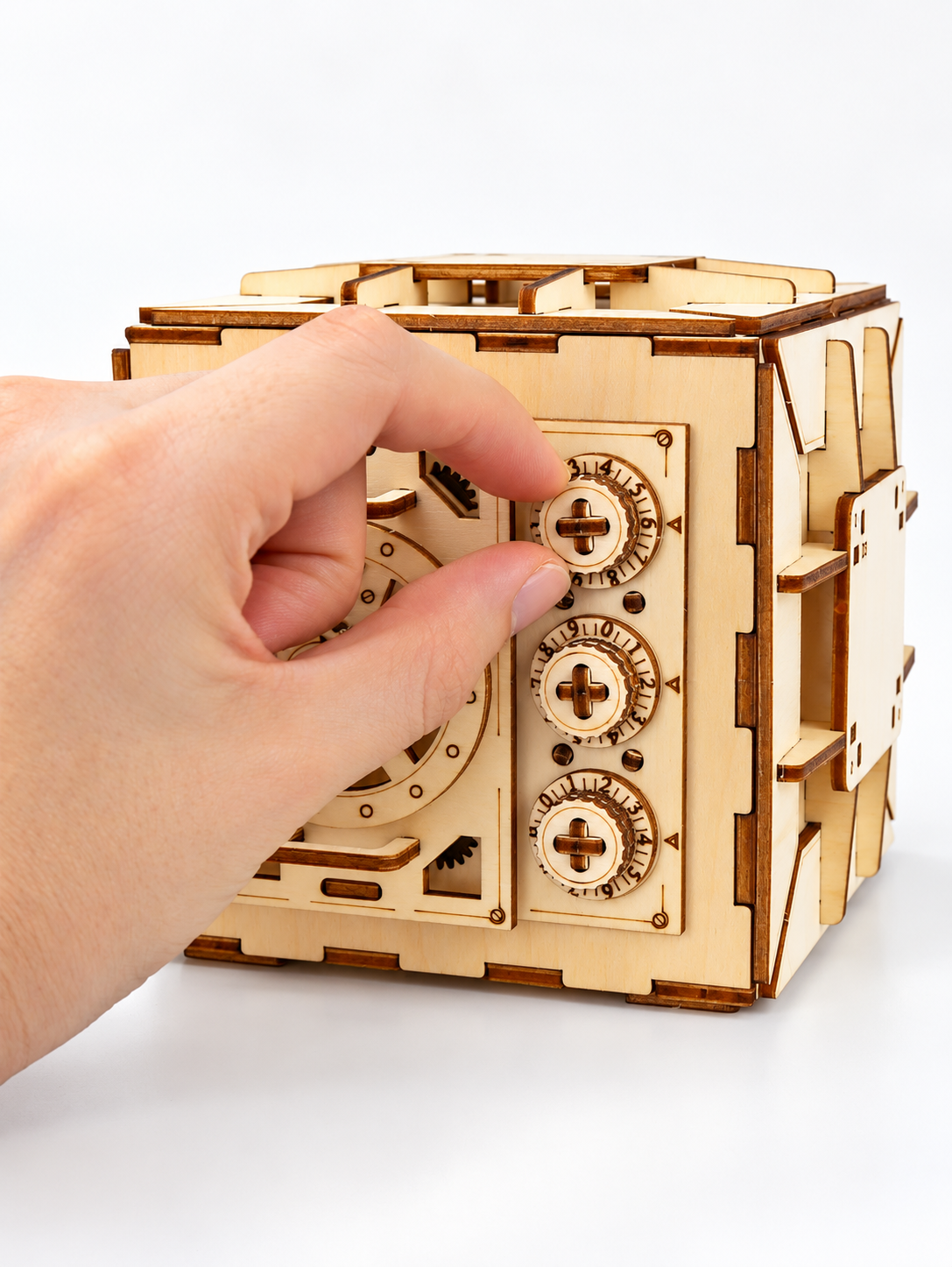 Wooden puzzle box dial in use