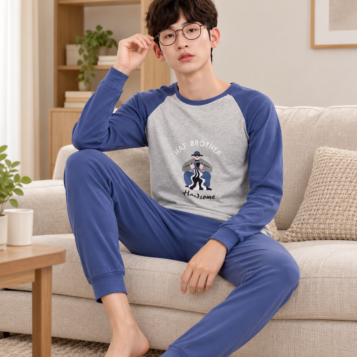 R-27 blue-and-gray long-sleeve pajama set