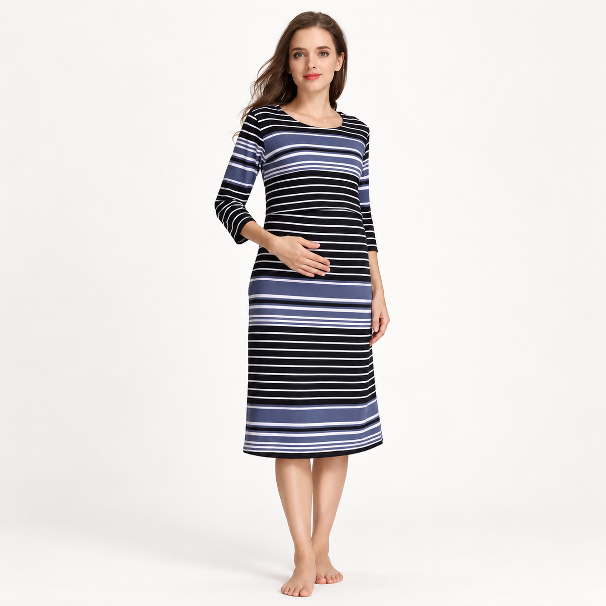 Striped maternity nursing dress — dark gray-base stripes