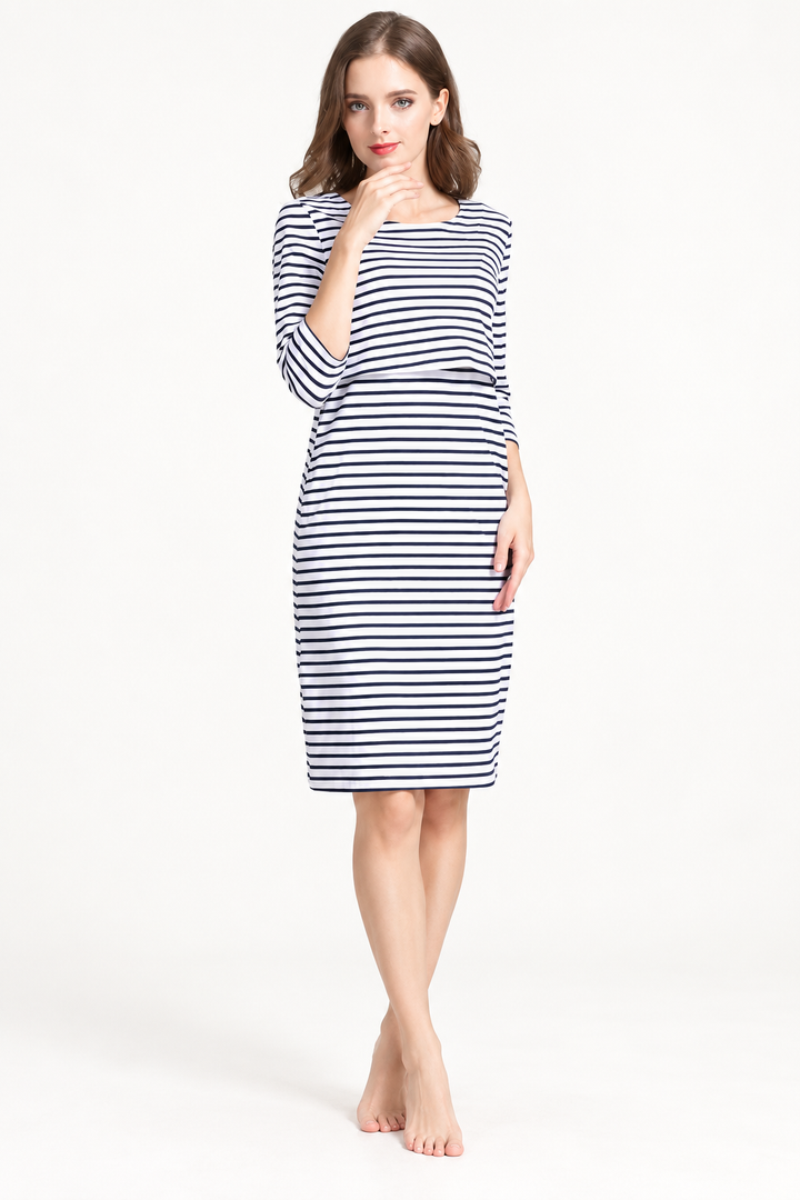 Striped maternity nursing dress — white-base stripes