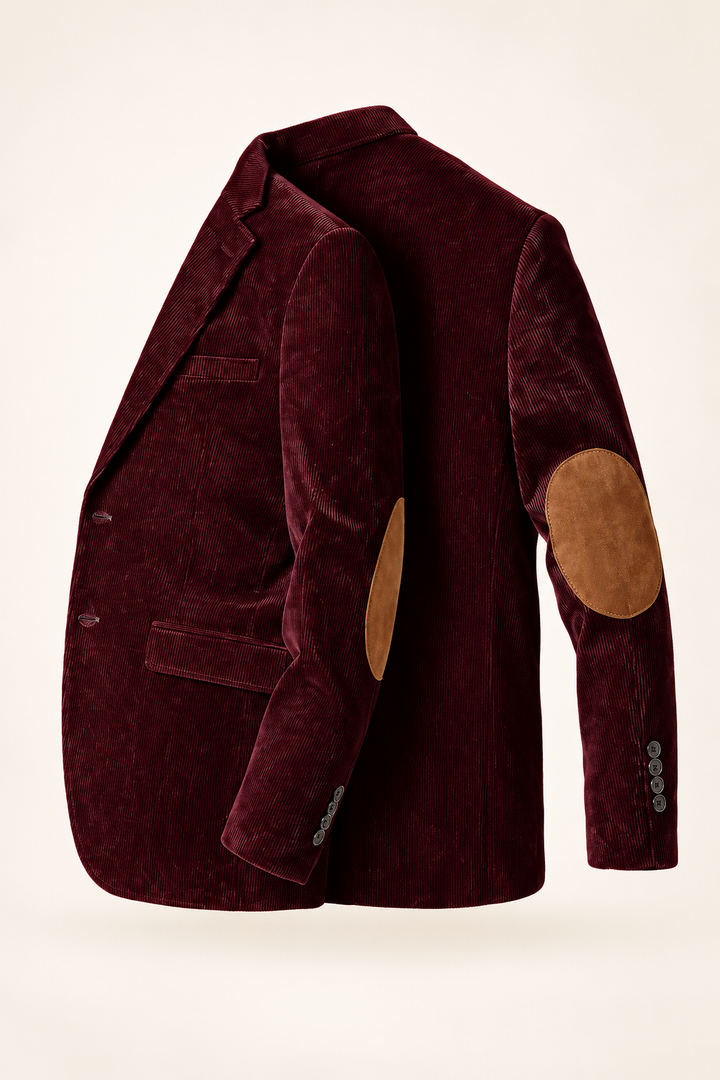 Burgundy corduroy blazer with contrasting tan elbow patches