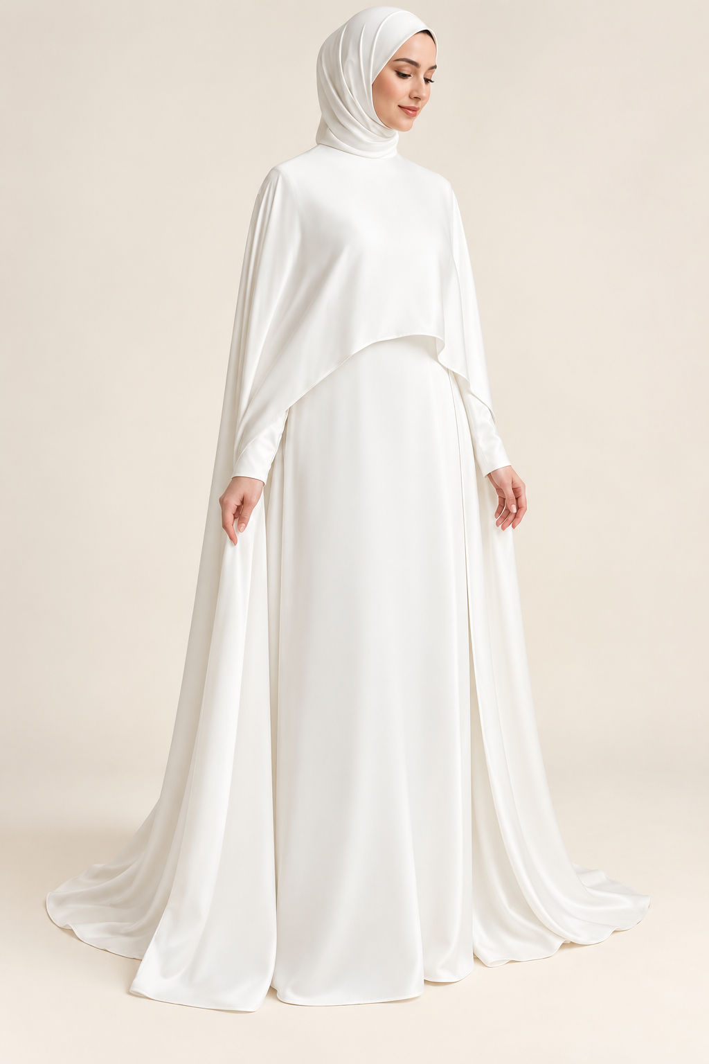 White long-sleeve bridal gown with sweeping cape; custom colors require confirmation