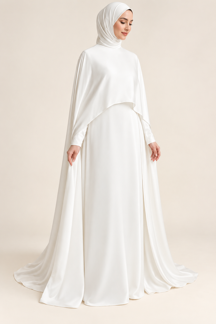 White long-sleeve bridal gown with sweeping cape; custom colors require confirmation