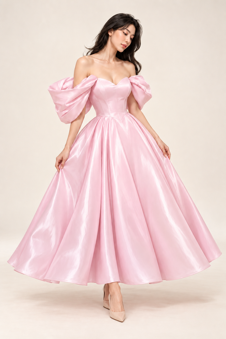Pink sample of off-shoulder corset dress with ankle-length skirt; confirm custom color