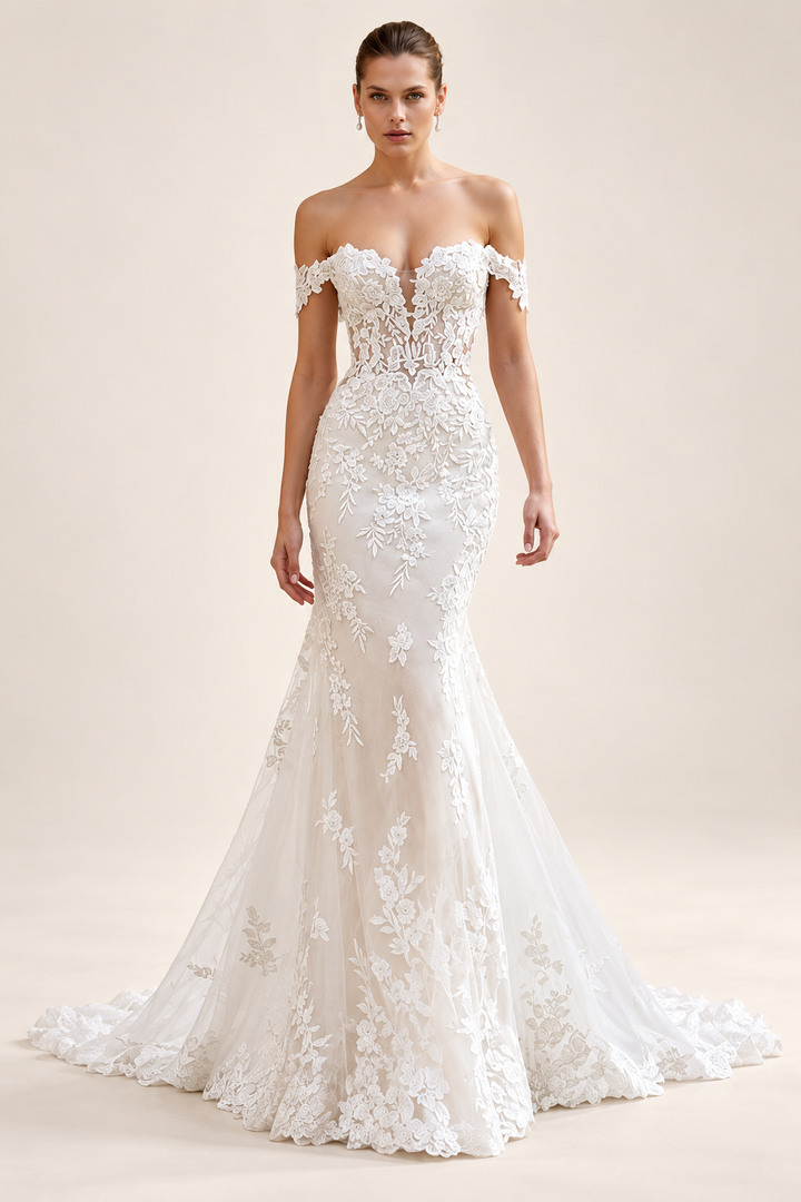 Lace mermaid bridal dress with off-shoulder neckline; confirm selected white or ivory shade
