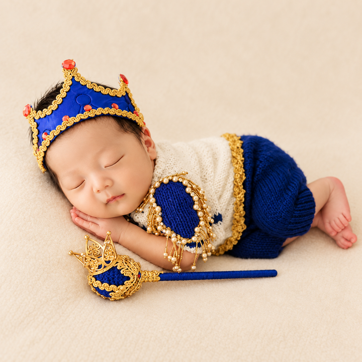 Blue and cream royal newborn photo prop outfit with crown and scepter