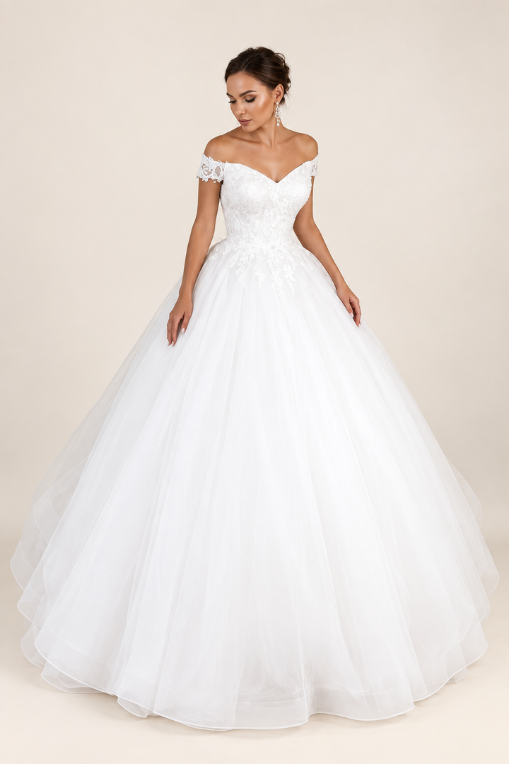 Princess bridal gown with off-shoulder lace bodice and tulle skirt; confirm selected shade