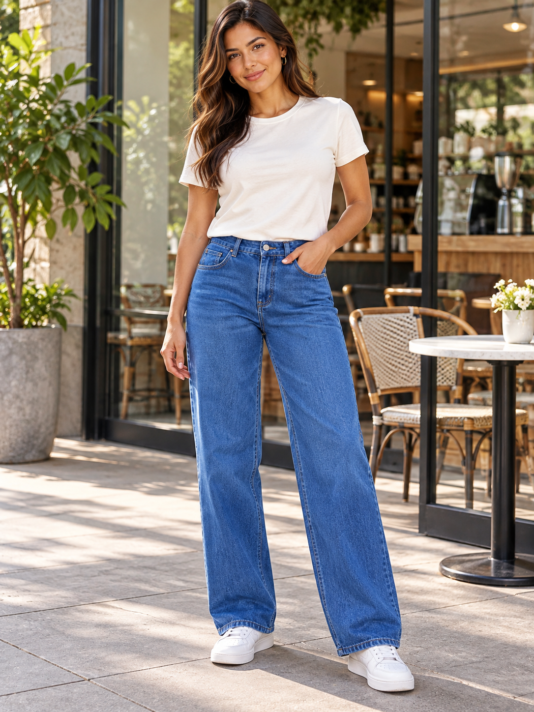 Blue straight-leg denim jeans — lifestyle