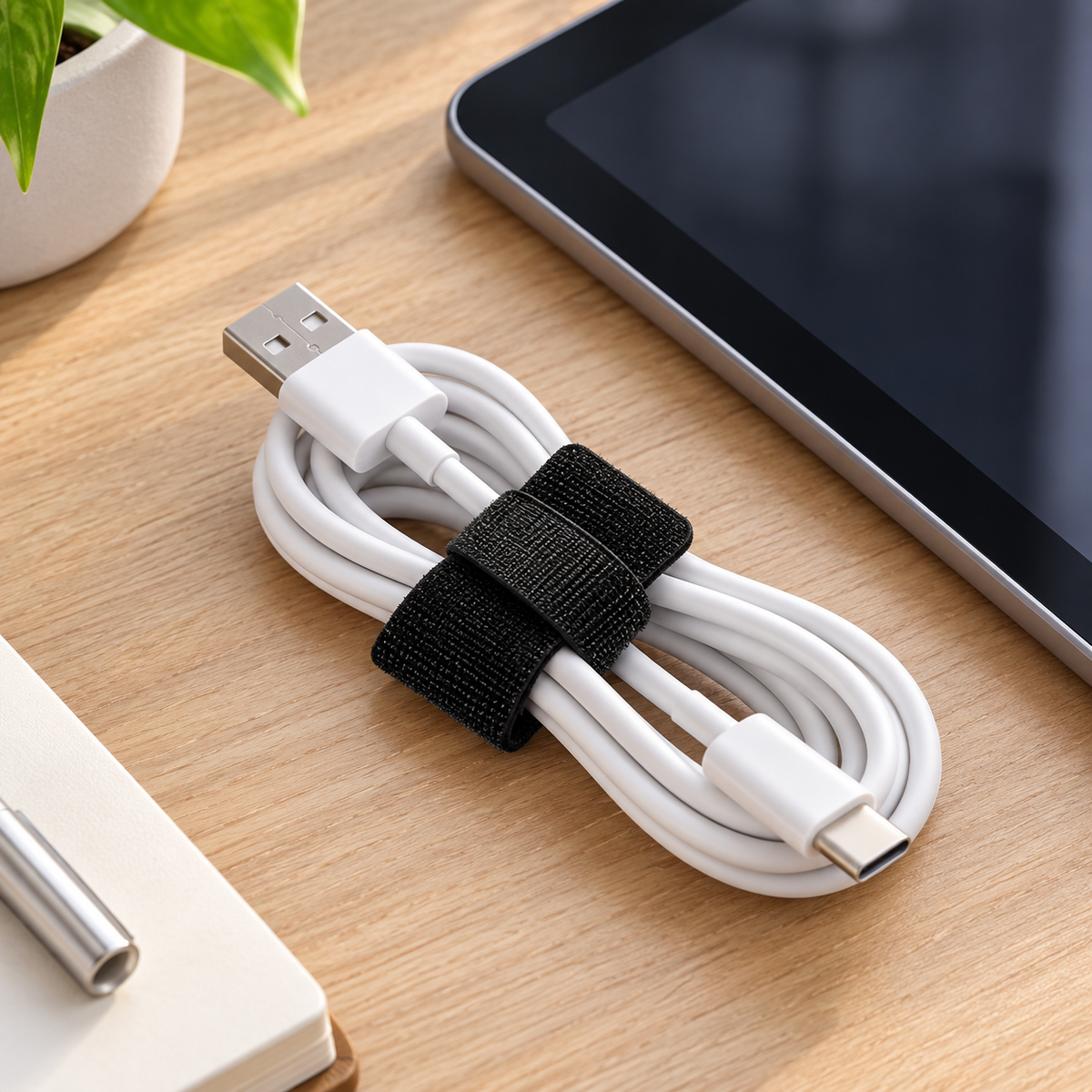 Black Reusable Hook-and-Loop Cable Tie, 9 cm