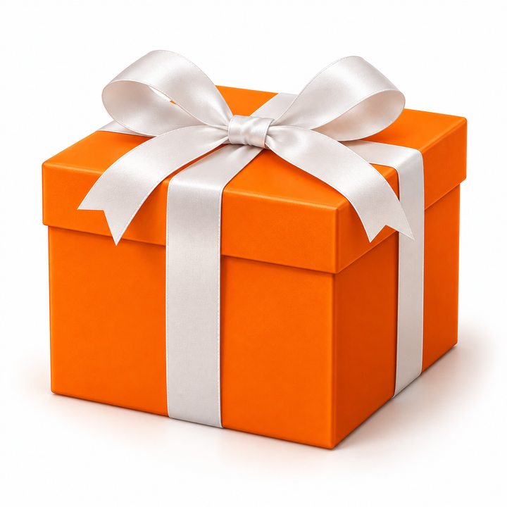 Orange gift box illustration for fiive+ extra; actual gifts and packaging vary