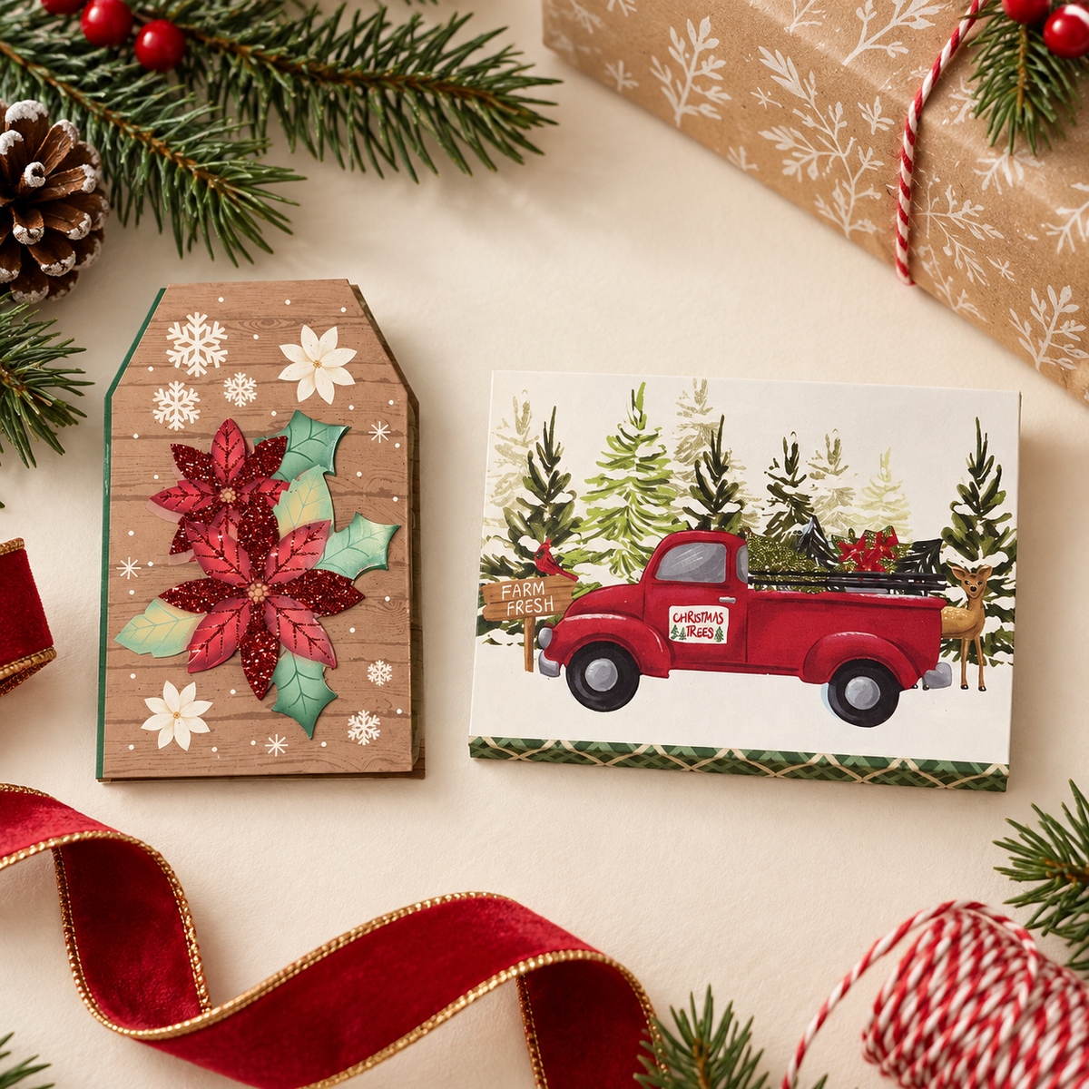 Poinsettia & Christmas Truck Gift Card Holders — Set of 2 — lifestyle view