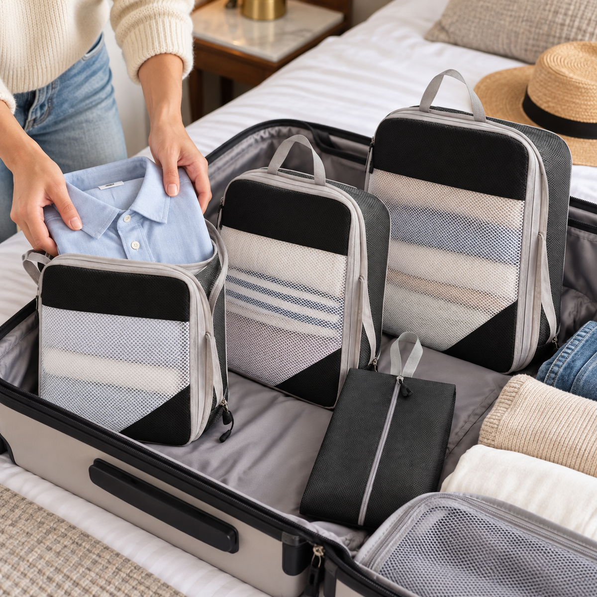 Polyester Travel Packing Organizers — 4-Piece Set, Selected Color