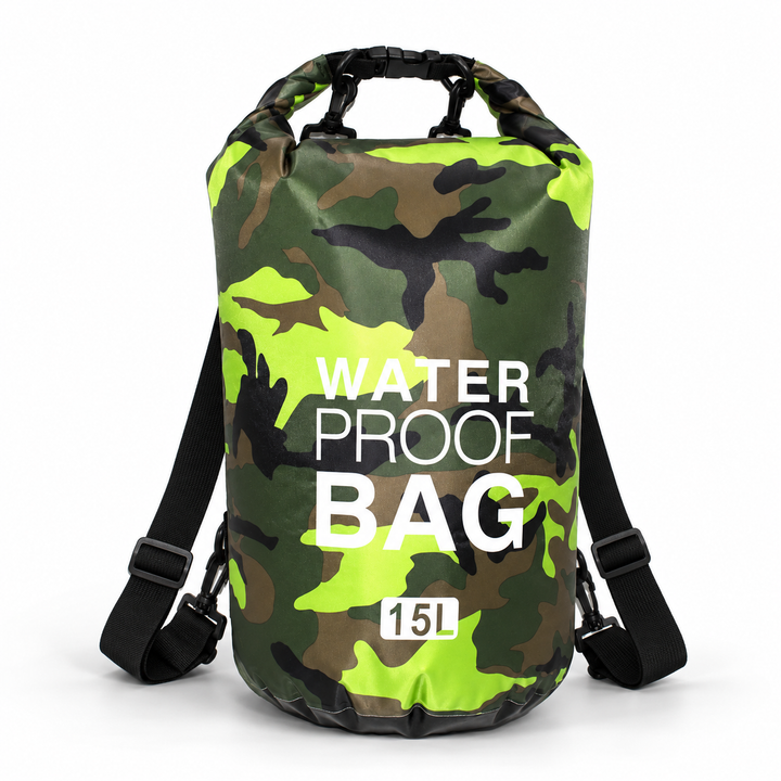 PVC Roll-Top Outdoor Dry Bag — 15L Lime Camouflage, 2 Shoulder Straps