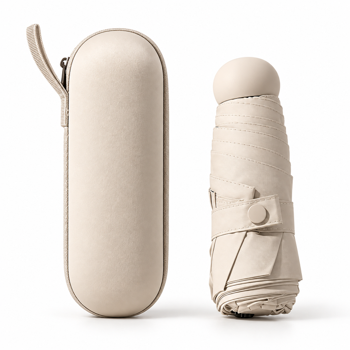 Compact Five-Fold Rain Umbrella with Capsule Case — Beige or Lilac