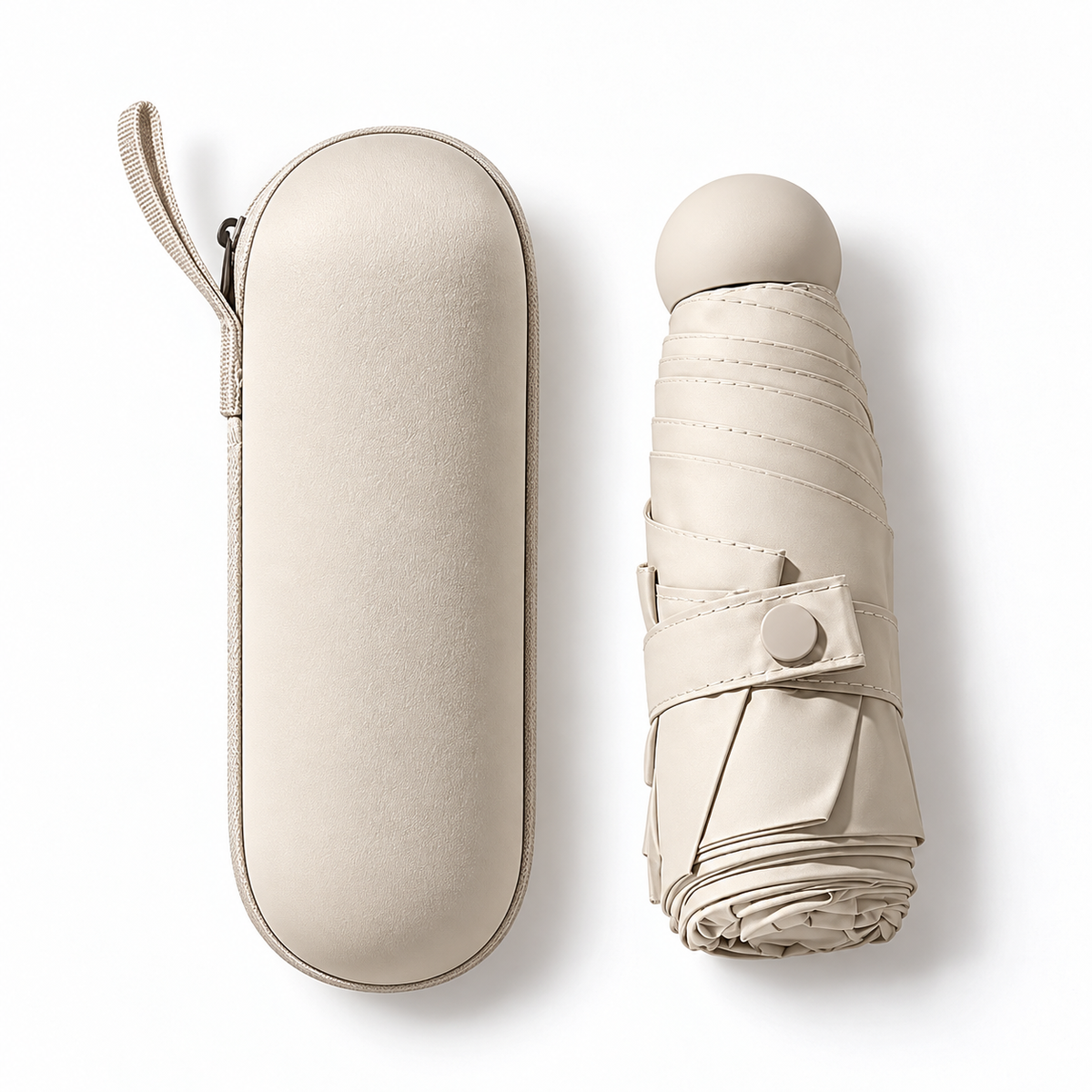 Compact Five-Fold Rain Umbrella with Capsule Case — Beige or Lilac