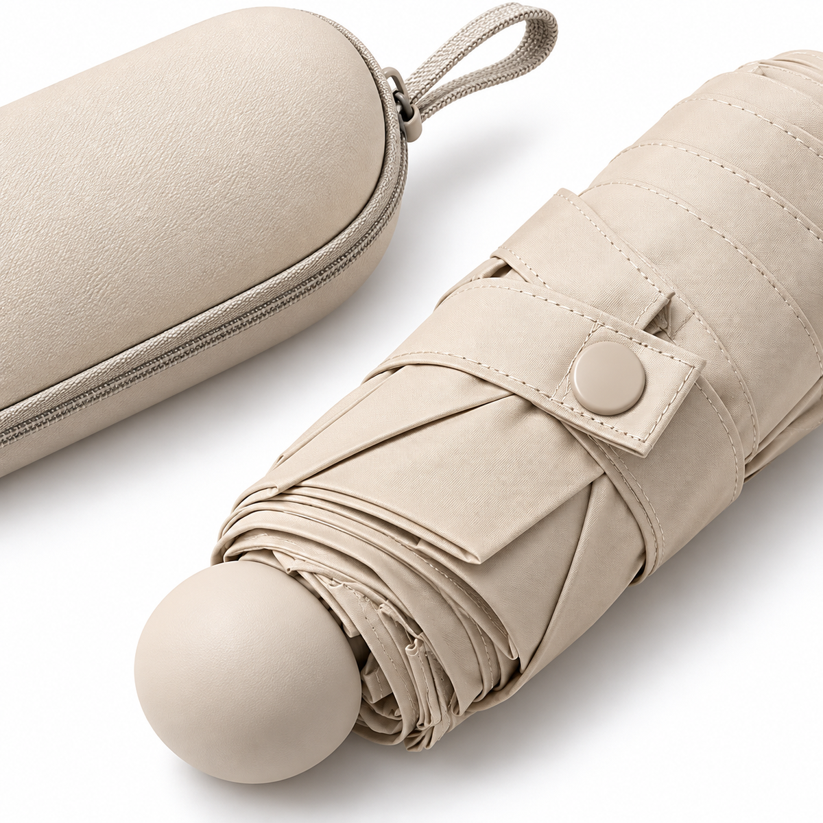Compact Five-Fold Rain Umbrella with Capsule Case — Beige or Lilac
