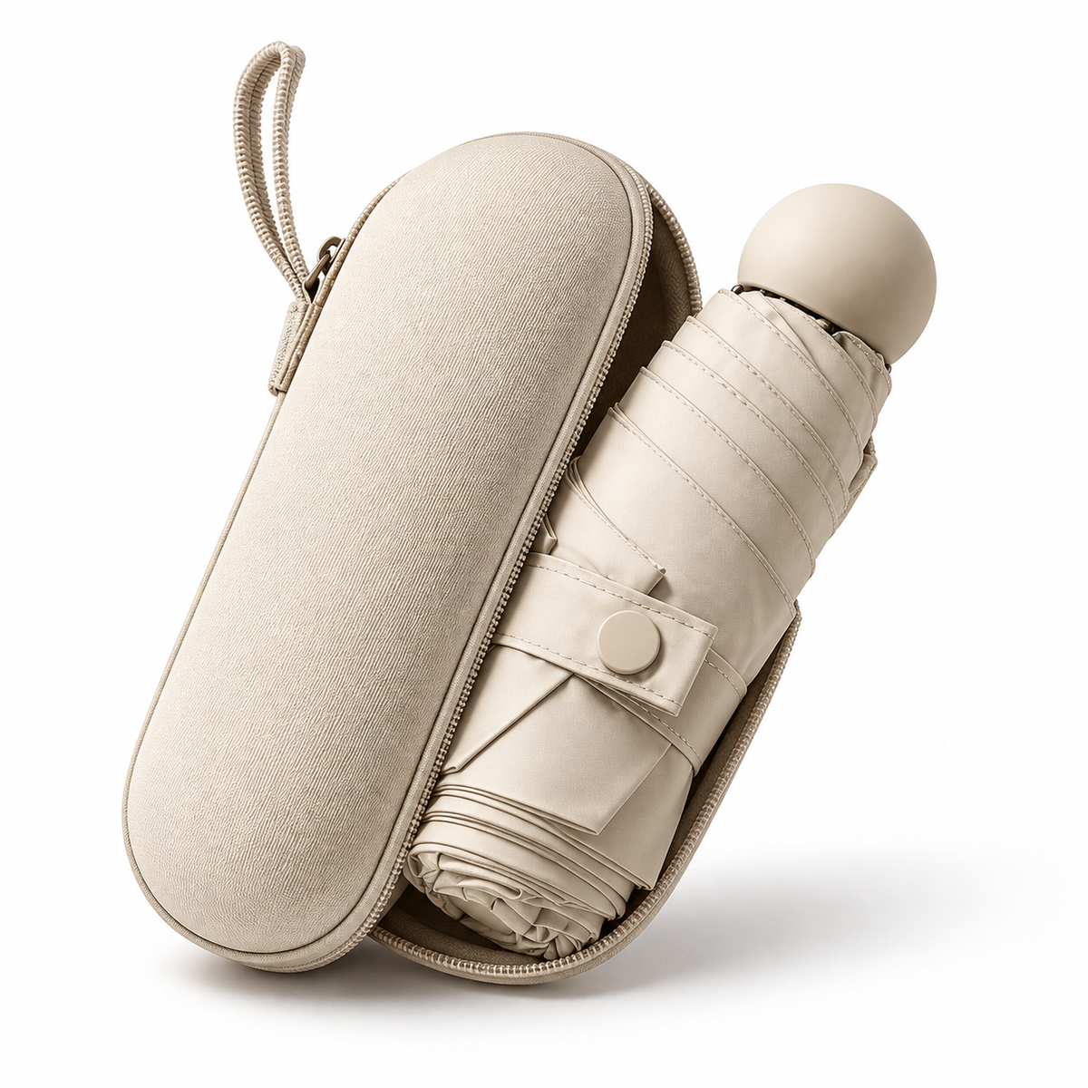 Compact Five-Fold Rain Umbrella with Capsule Case — Beige or Lilac