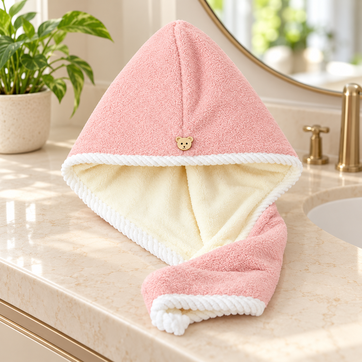 Pink Double-Layer Hair Towel Wrap with Button Closure