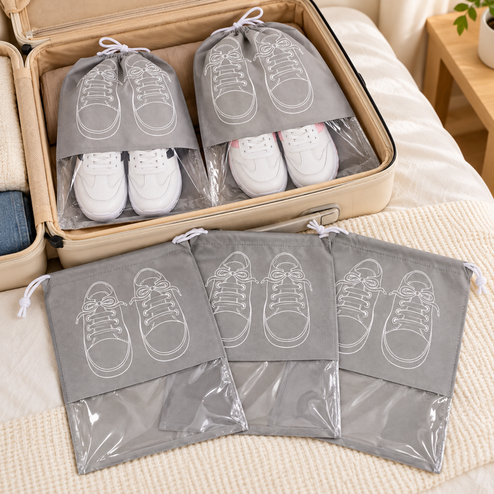 Gray Drawstring Shoe Storage Bags with Clear Window, 5-Piece Set