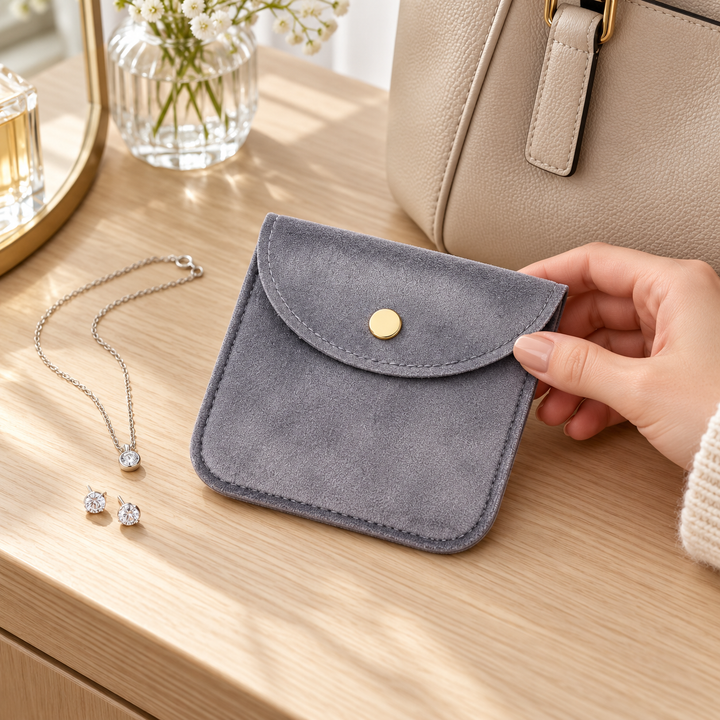 Gray Velvet Jewelry Pouch with Snap Closure, 10 × 10 cm