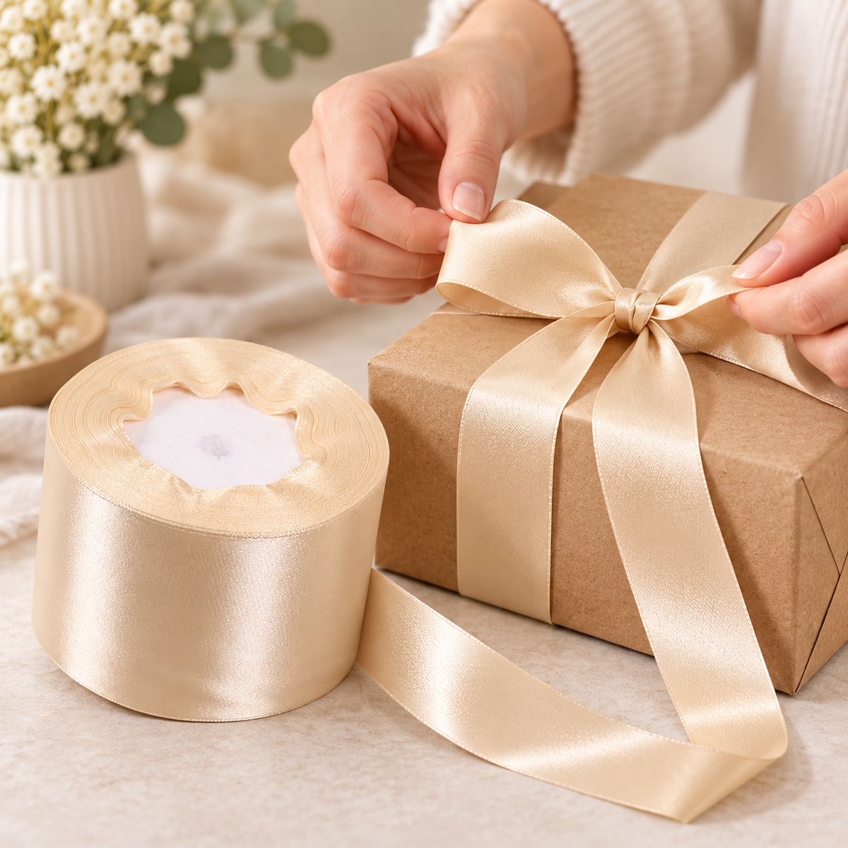 Beige Satin Gift-Wrapping Ribbon — 25 Yards, Selected Width