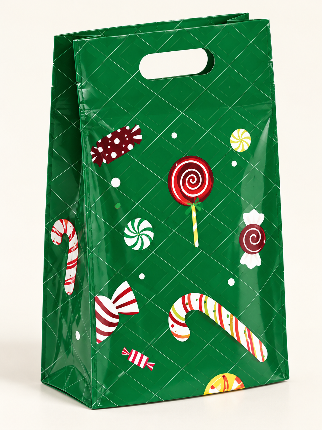 Christmas gift bags — green candy print and oval handle detail